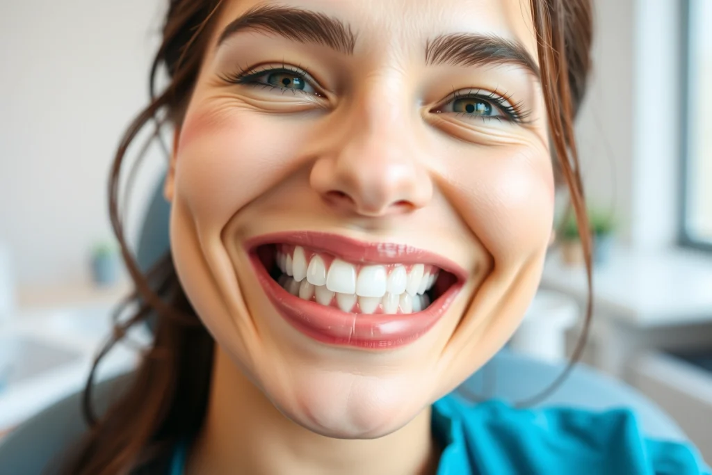A smiling person with natural-looking dental implants, showing a healthy, confident smile in a bright, modern dental clinic setting, soft natural lighting, focus on teeth and facial expression, realistic skin texture, no visible dental tools or equipment in foreground
