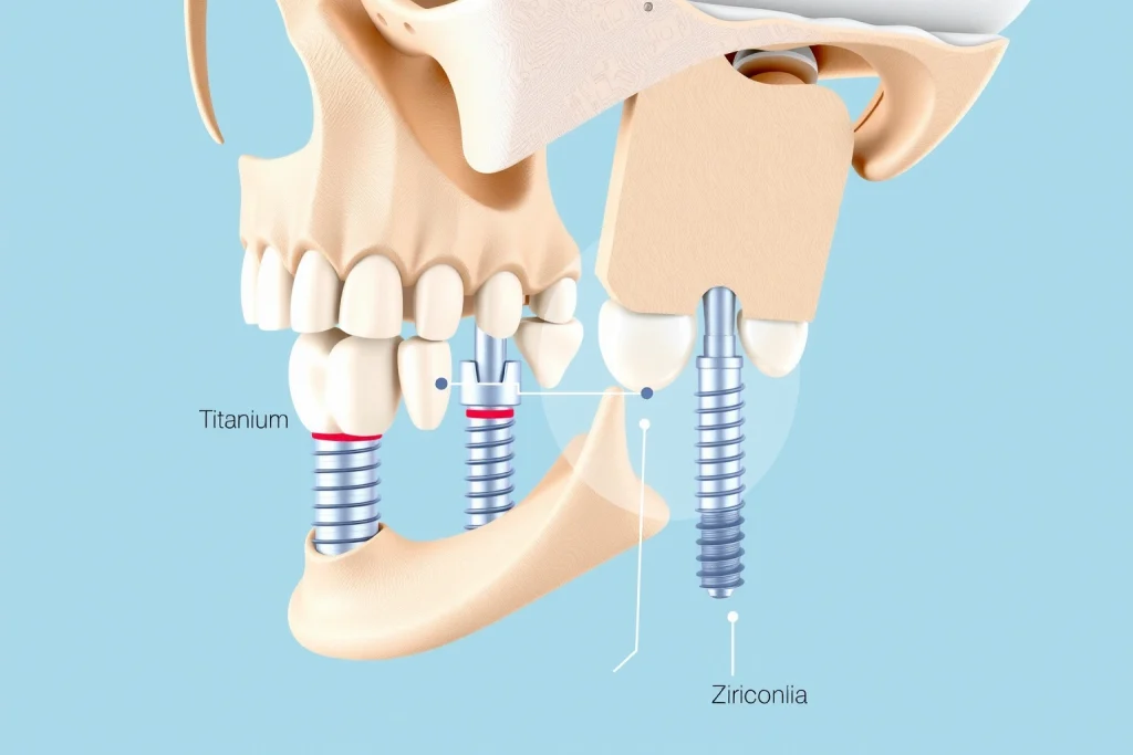 A detailed illustration of a human jaw with dental implants, showing different materials like titanium and zirconia in cross-section, with labeled components and a clean medical background