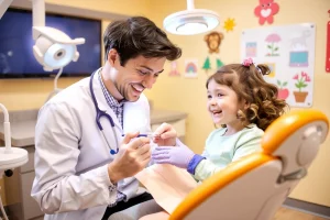 A friendly pediatric dentist examining a child's teeth in a bright, modern dental clinic, with colorful decorations on the walls, a small toy on the dental chair, and the child smiling reassuringly; soft natural lighting, warm tones, focus on care and comfort