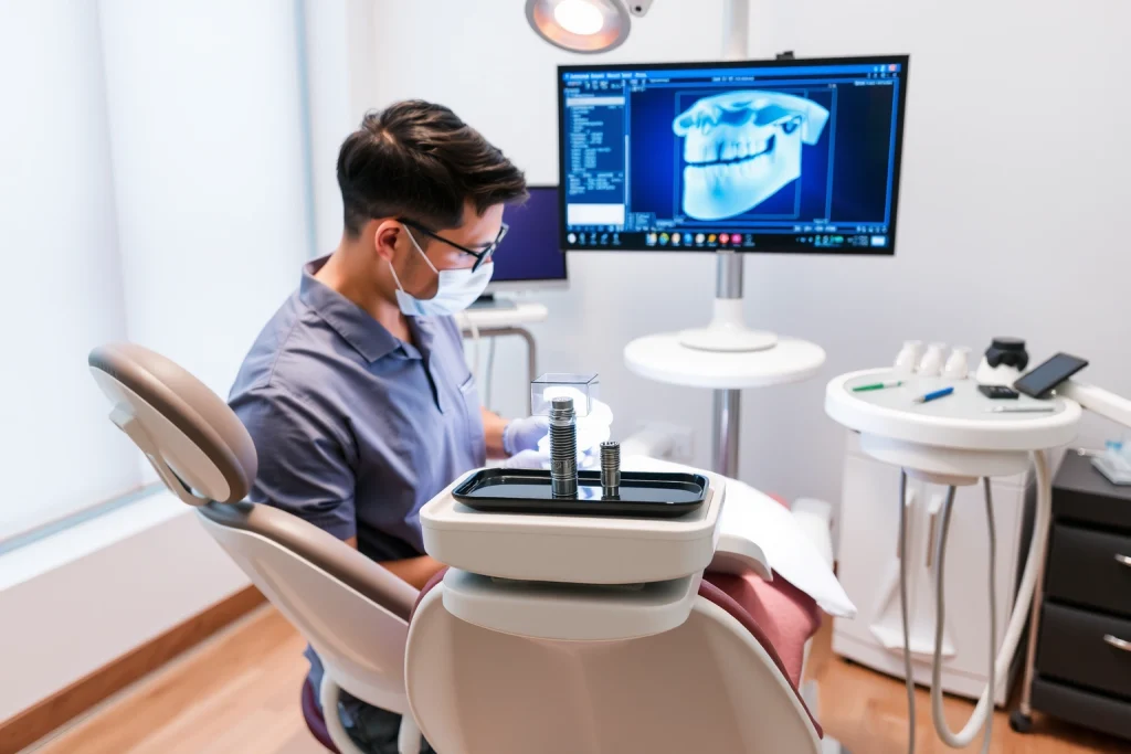 A professional dental clinic interior showing a dentist performing a dental implant procedure on a patient in a dental chair, with modern dental tools, a dental implant model on a tray, and a digital screen displaying a 3D jaw scan in the background, clean and sterile environment, soft natural lighting, realistic medical setting