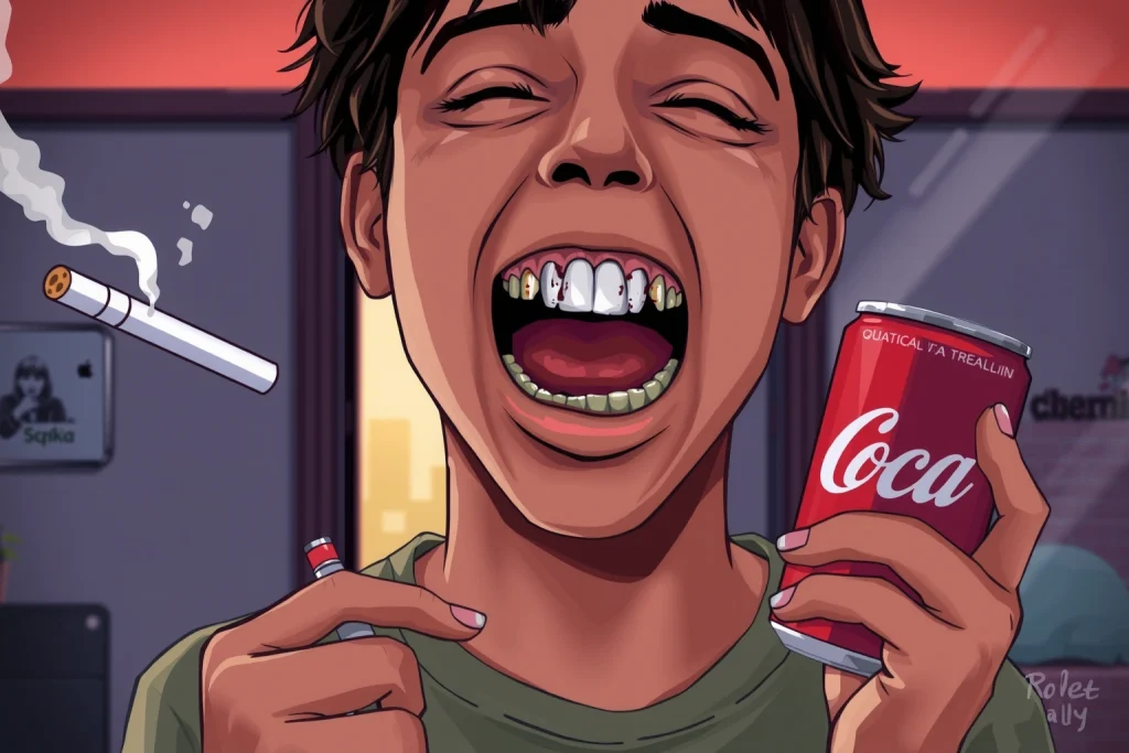 A realistic illustration of a young adult standing in a dimly lit room, holding a cigarette in one hand and a sugary soda can in the other, with a smartphone in the background. The person’s mouth is visible, showing visibly decayed and stained teeth, and a subtle hint of gum recession. The overall composition emphasizes the negative impact of smoking, sugary drinks, and phone use on dental health, with a focus on the mouth and the harmful habits.