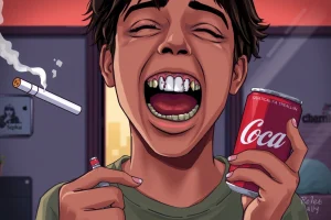 A realistic illustration of a young adult standing in a dimly lit room, holding a cigarette in one hand and a sugary soda can in the other, with a smartphone in the background. The person’s mouth is visible, showing visibly decayed and stained teeth, and a subtle hint of gum recession. The overall composition emphasizes the negative impact of smoking, sugary drinks, and phone use on dental health, with a focus on the mouth and the harmful habits.