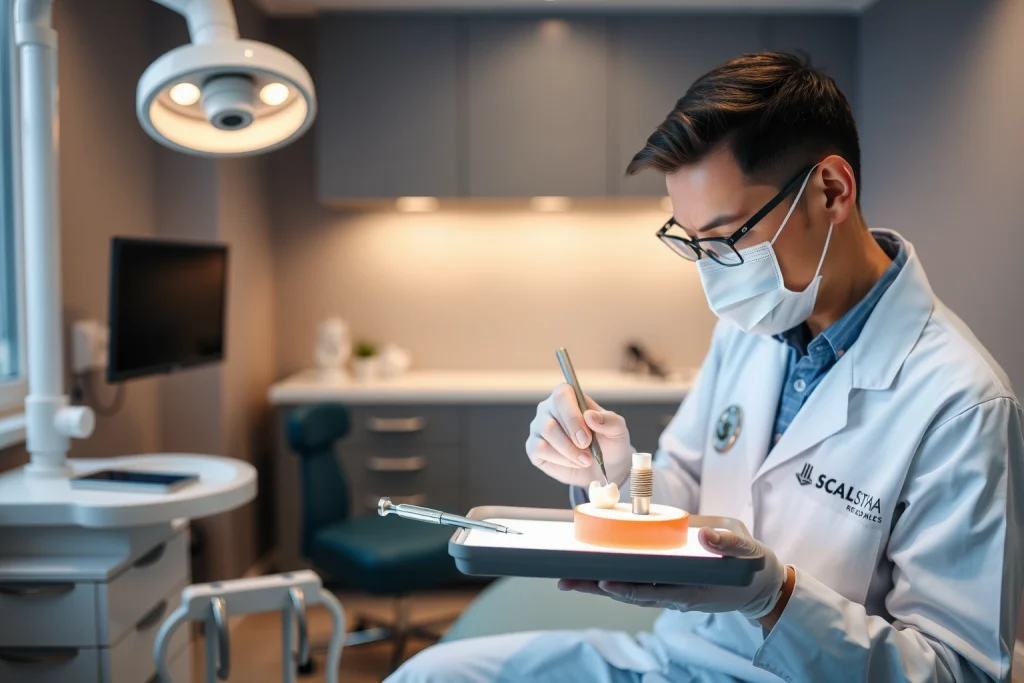 A professional dental clinic interior with a dentist in a white coat examining a patient's dental implant model on a tray, modern dental tools, soft ambient lighting, clean and sterile environment, focus on precision and care
