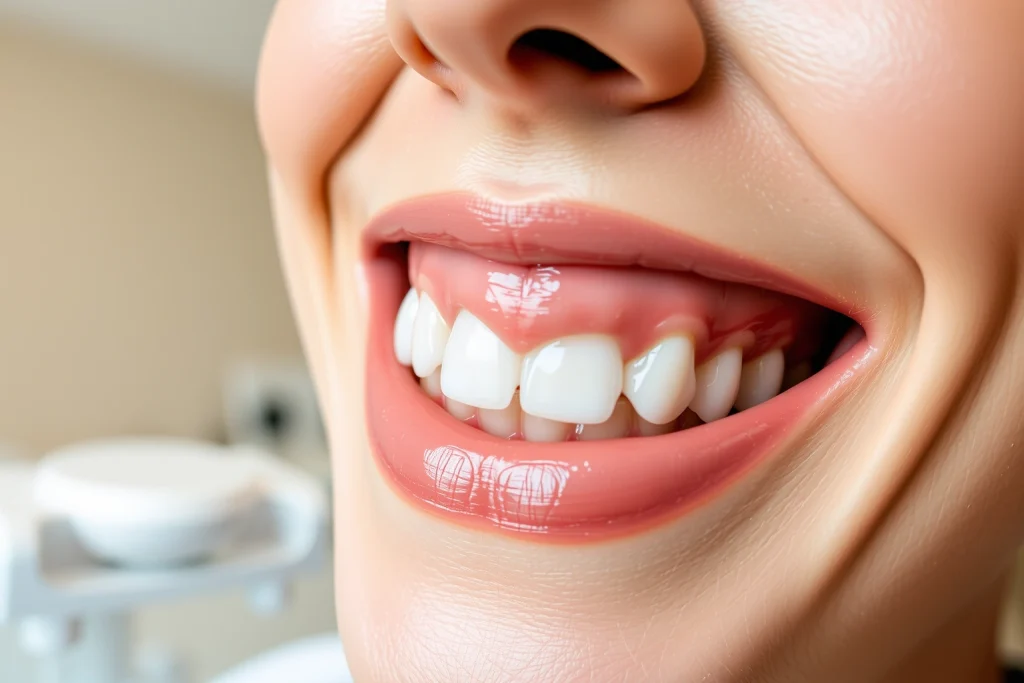 A close-up of a smiling person with healthy, natural-looking dental implants visible in the upper and lower teeth, soft natural lighting, modern dental clinic background with subtle medical equipment, focus on the teeth and gums, realistic skin texture, warm and confident expression