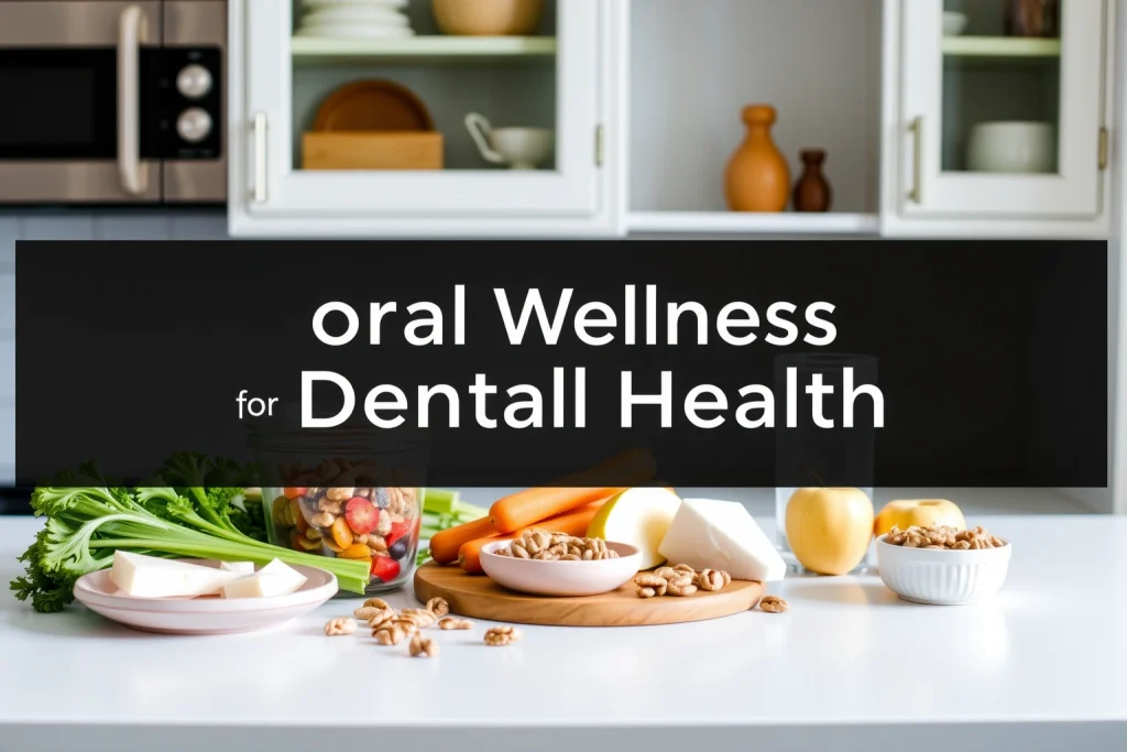 A bright, clean kitchen countertop with healthy foods beneficial for dental health: fresh vegetables like carrots and celery, dairy products such as cheese and yogurt, nuts, apples, and a glass of water, arranged neatly with soft natural lighting, emphasizing oral wellness through nutrition