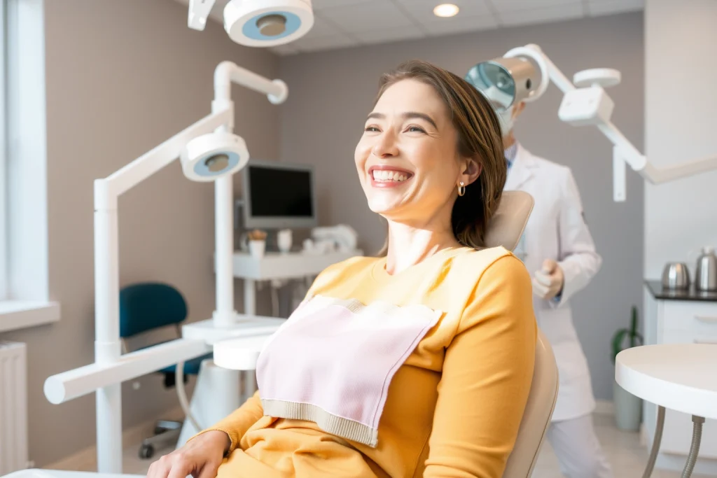 A calm dental clinic interior with a patient sitting in a dental chair, smiling gently, with visible dental implants in the upper jaw, a dentist in a white coat standing nearby holding a dental mirror, soft natural light from a window, medical equipment subtly visible in the background, warm and reassuring atmosphere, focus on post-operative recovery and oral health