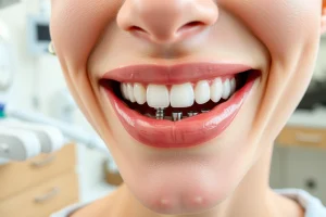 A close-up of a smiling person with natural-looking dental implants, showing realistic gum tissue and tooth texture, soft natural lighting, dental clinic background with subtle equipment, focus on aesthetic dental reconstruction