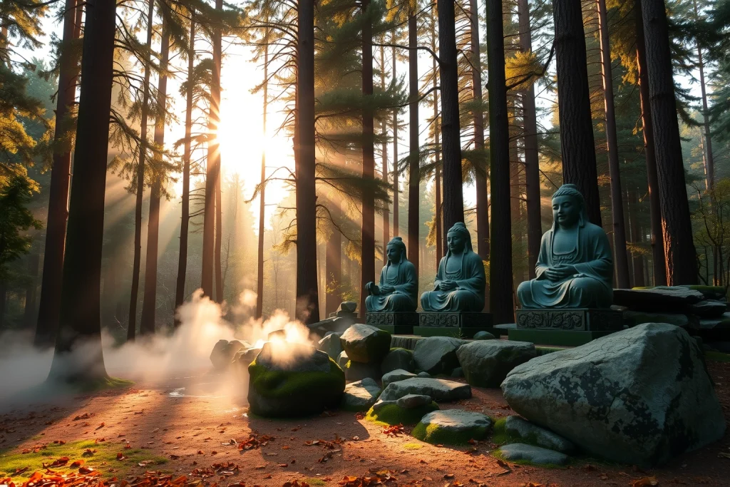 A serene forest clearing with ancient stone statues of wise elders, soft golden sunlight filtering through tall trees, moss-covered rocks, and gentle mist rising from the ground, evoking tranquility and timeless wisdom