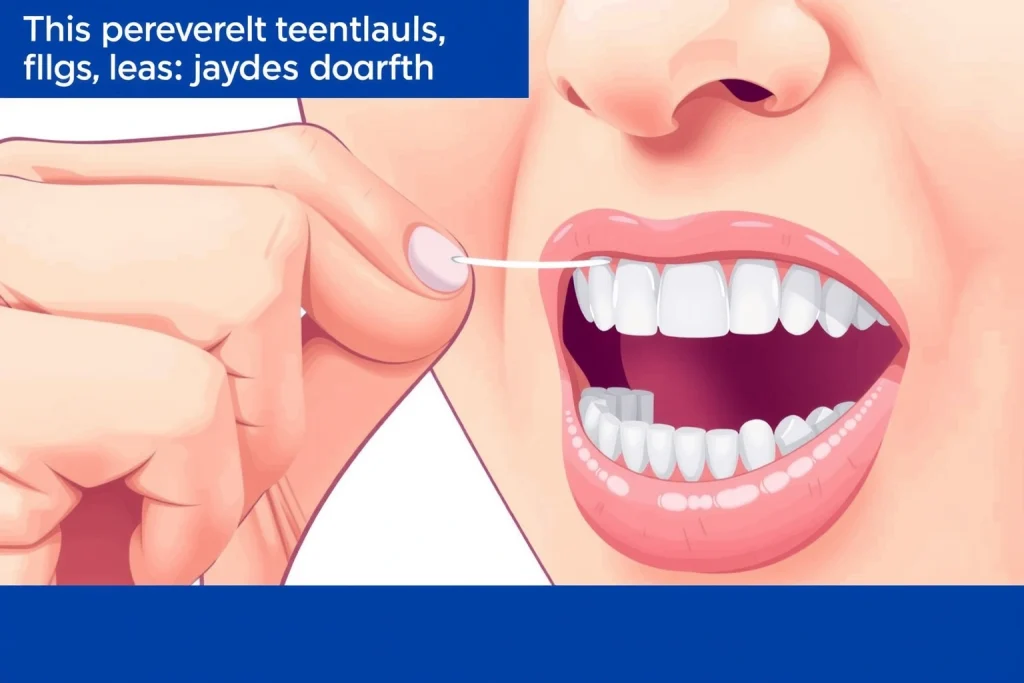 A close-up illustration of a person's hands demonstrating proper dental flossing technique: one hand holding a strand of floss taut between thumb and index finger, gently guiding it between two teeth in a C-shape motion, with visible gum line and tooth surfaces clearly shown. The background is soft and neutral, focusing attention on the floss and teeth. No text, labels, or digits appear in the image.