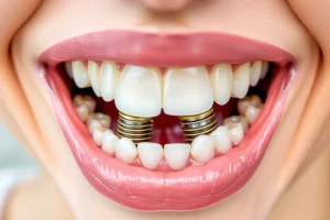 A close-up of a healthy, natural-looking smile with dental implants visible in the upper and lower jaws, showing well-integrated titanium posts and porcelain crowns, surrounded by healthy pink gums, soft natural lighting, realistic textures, no visible dental tools or clinic equipment, focus on long-term oral health and aesthetics