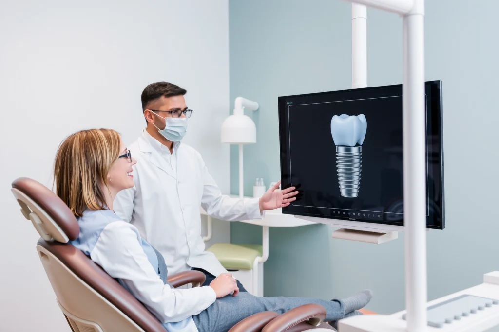 A modern dental clinic interior with a dentist in a white coat explaining dental implant procedure to a patient sitting in a dental chair, showing a 3D model of a tooth implant on a digital screen, soft natural lighting, professional and reassuring atmosphere