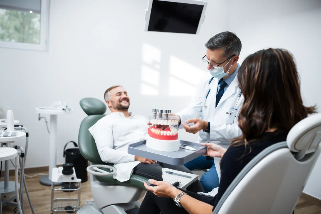 A calm dental clinic interior showing a patient sitting in a dental chair, relaxed and smiling slightly, with a dentist in a white coat explaining the implant procedure using a 3D model of teeth and jawbone on a nearby tray; soft natural lighting, modern equipment, hygienic environment, focus on patient education and preparation