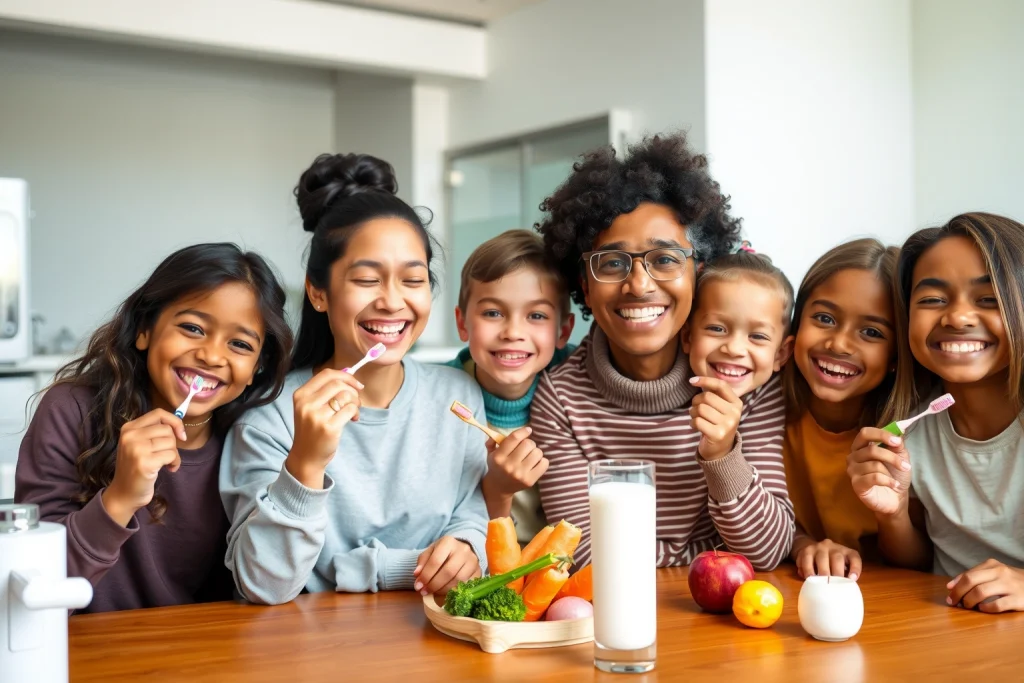 A cheerful, diverse group of people of different ages and ethnicities practicing healthy habits for dental health: brushing teeth with fluoride toothpaste, flossing, eating crunchy vegetables like carrots and apples, drinking water, and smiling brightly with clean, white teeth. In the background, a modern dental clinic with soft natural light, a toothbrush holder, and a glass of milk on a wooden table. No text, no symbols, no logos.