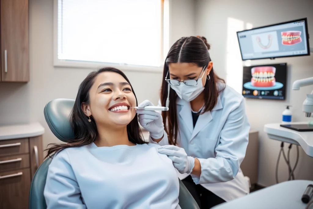 A calm and modern dental clinic interior with a smiling patient sitting in a dental chair, a dentist in a white coat gently examining the patient's mouth using advanced dental tools, soft natural lighting, a digital screen showing a 3D model of restored teeth, emphasizing comfort and pain-free treatment, no visible discomfort or anxiety on the patient's face