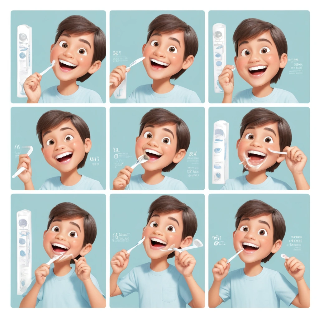 A clear, step-by-step instructional illustration showing a person correctly brushing their teeth, with numbered steps or sequential panels demonstrating proper technique, including toothbrush angle, gentle circular motions, and coverage of all tooth surfaces, in a clean, educational style suitable for a dental hygiene guide