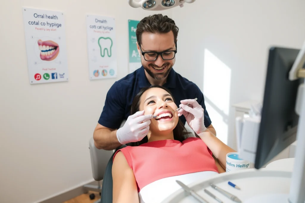 A smiling person sitting in a modern dental chair during a routine check-up, with a friendly dentist examining their teeth using a small mirror and probe, bright clean dental office with sunlight through a window, posters about oral hygiene on the wall, dental tools neatly arranged on a tray, focus on preventive care and oral health awareness