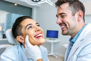 A modern dental clinic interior with a dentist in a white coat examining a patient's smile, showing dental implants and proper bite alignment, soft natural lighting, clean and professional environment