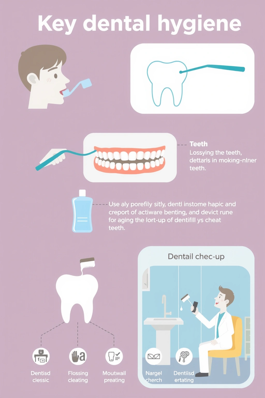 A clean, modern infographic-style illustration showing key dental hygiene practices: a person brushing teeth with a toothbrush, flossing between teeth, using mouthwash, and a dental check-up scene with a dentist examining teeth, all arranged in a clear, organized layout with simple icons and minimal text elements