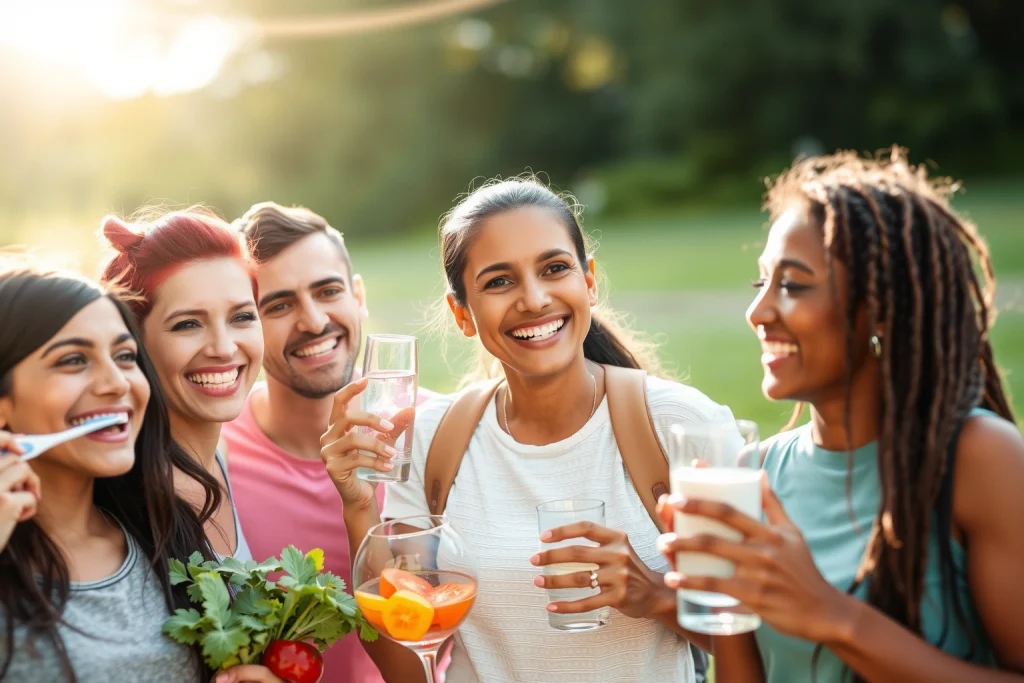 A diverse group of people of different ages and ethnicities smiling with healthy teeth, engaging in healthy lifestyle activities: brushing teeth, eating fruits and vegetables, drinking water, exercising outdoors, and getting enough sleep, all set in a bright, clean, natural environment with soft sunlight