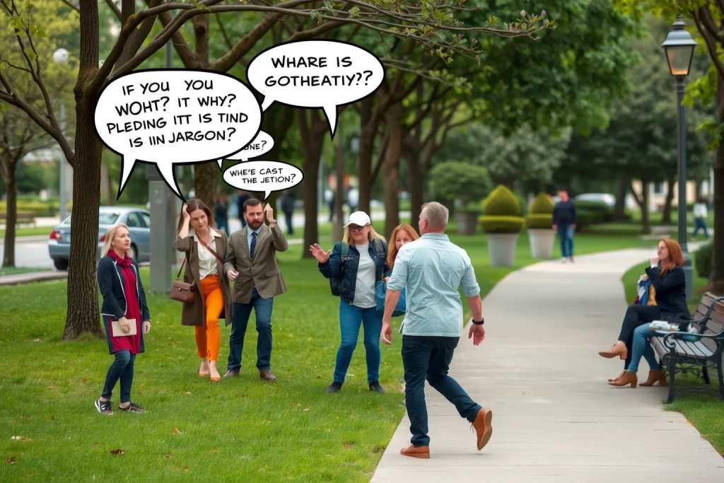 A person calmly walking away from a group of people arguing loudly with exaggerated, cartoonish angry faces and speech bubbles filled with confusing jargon, set in a neutral urban park setting with trees and benches, soft daylight, no visible text or symbols