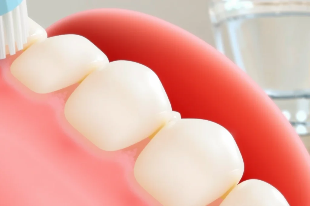 A close-up illustration of healthy human teeth with smooth, shiny enamel, showing no cracks, chips, or discoloration. The teeth are clean and well-maintained, with soft natural lighting highlighting the enamel surface. In the background, subtle symbols of dental care: a toothbrush, fluoride toothpaste tube, and a glass of water, arranged gently out of focus. No text, numbers, or logos appear anywhere in the image.