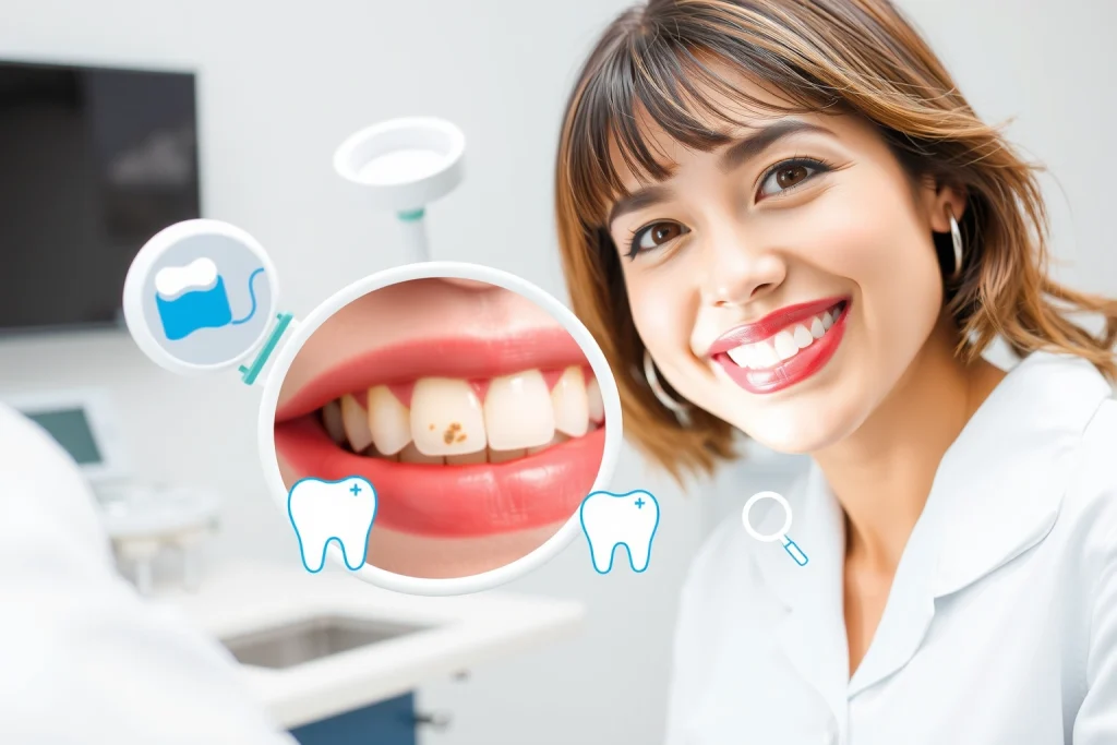 A smiling dentist in a professional clinic setting showing a patient's teeth with a dental mirror, highlighting clean teeth versus teeth with tartar buildup, with educational infographic elements like dental floss, toothbrush, and preventive care symbols, bright and clinical lighting, modern medical environment, clear focus on dental health education