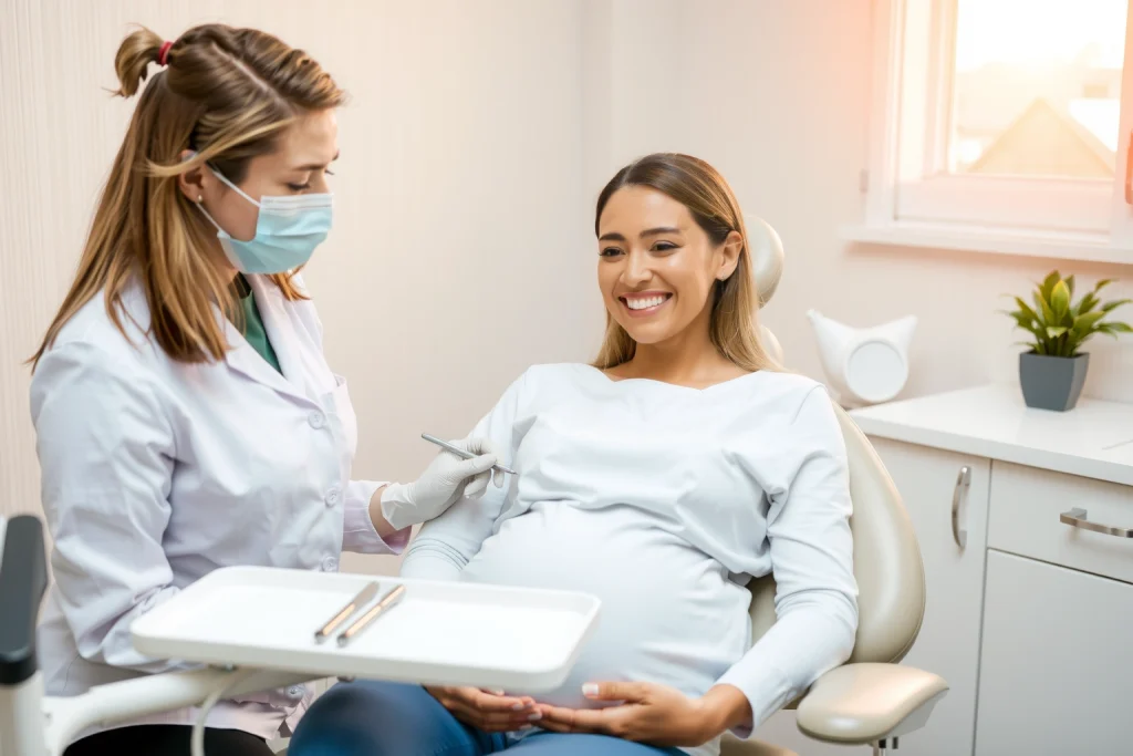 A pregnant woman smiling gently while sitting in a modern dental chair, receiving a routine check-up from a kind female dentist wearing a mask and gloves, with soft natural light coming through a window, dental tools neatly arranged on a tray, a small potted plant on the counter, warm and calming atmosphere, no text or symbols visible