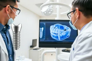 A modern dental clinic interior showing a dentist in a white coat examining a patient's dental implant model on a digital screen, with close-up view of a titanium dental implant and crown, soft natural lighting, clean and professional environment