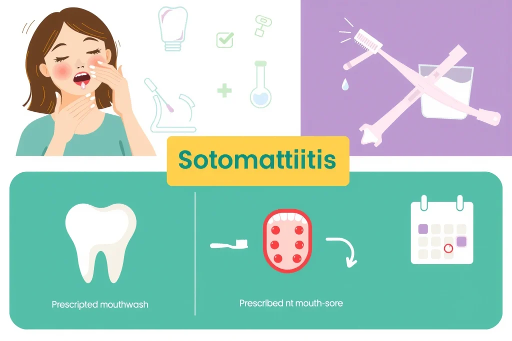 A clean, informative medical illustration showing key preventive measures for stomatitis, including a person gently rinsing their mouth with a saltwater solution, a hand holding a tube of prescribed medicated mouthwash, a toothbrush with soft bristles, and a diagram of a healthy mouth versus an inflamed mouth with red sores, all set against a light clinical background with subtle medical icons like a tooth, a drop of liquid, and a calendar indicating regular check-ups