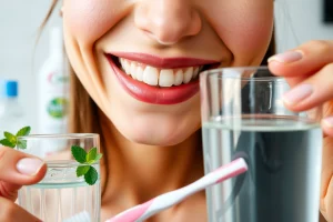 A close-up of a person smiling confidently with fresh breath, holding a toothbrush and a glass of water, with subtle visual cues of mint leaves and clean oral hygiene products in the background, soft natural lighting, healthy gums and teeth visible teeth, no text or symbols