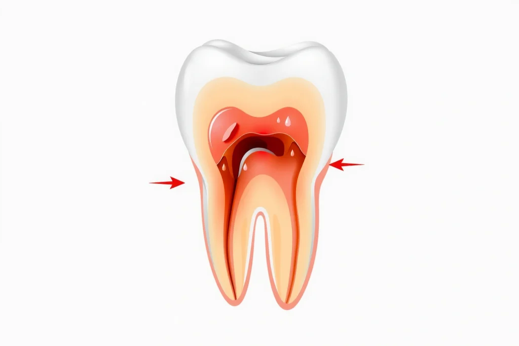 A detailed medical illustration showing the internal structure of a human tooth with inflamed pulp (pulpitis), highlighting the dentin, enamel, and infected pulp tissue in red and swollen condition, with subtle arrows indicating bacterial invasion from a cavity, set against a clean white background for clarity