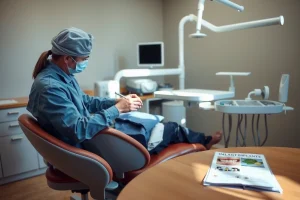 A calm dental clinic scene showing a patient sitting in a dental chair after dental implant surgery, with a dentist gently checking the implant site, soft natural lighting, medical equipment in the background, a healing gum area visible near the mouth, and a recovery pamphlet on a nearby table — all depicted in a realistic, serene, and professional manner