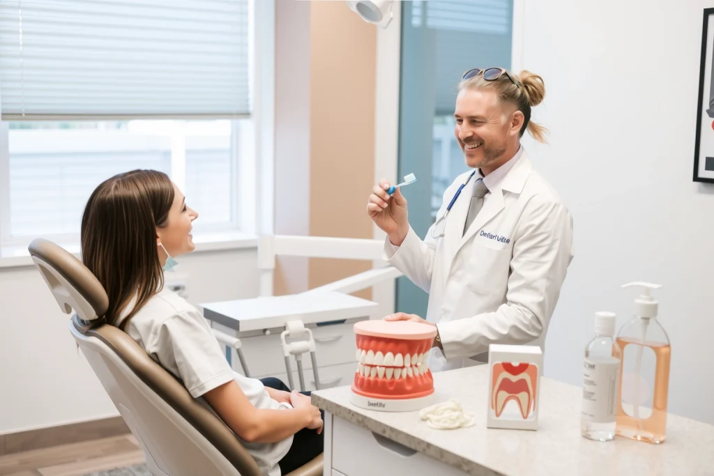 A clean, modern dental clinic interior with a smiling dentist in a white coat holding a toothbrush and demonstrating proper brushing technique to a patient sitting in a dental chair. On a nearby counter: dental floss, mouthwash, and a model of teeth with healthy gums. Soft natural light from a window, warm and professional atmosphere, no text or signs visible.
