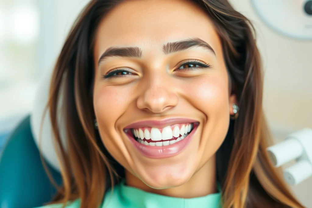 A confident person smiling naturally with dental implants, showing healthy, white teeth in a bright, modern dental clinic setting, soft natural lighting, focus on the smile and facial expression, no visible dental tools or metal, realistic skin texture, warm tones