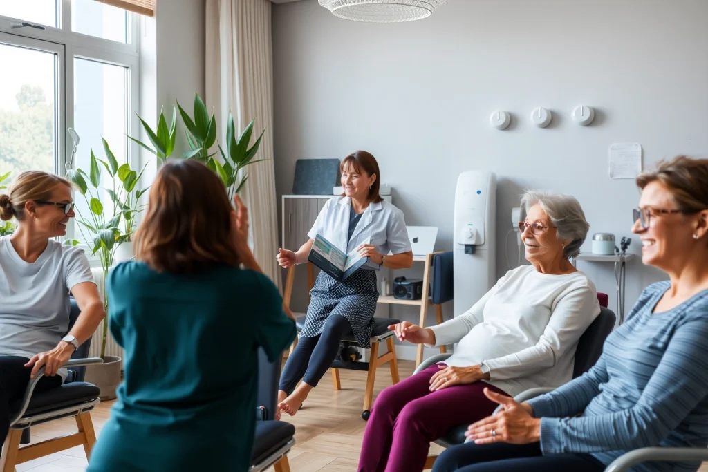 A calm, modern rehabilitation center interior with a diverse group of people of different ages and ethnicities engaged in gentle physical therapy exercises under the guidance of a caring physiotherapist; soft natural light from large windows, plants in the background, medical equipment subtly integrated, warm and hopeful atmosphere, no text or symbols visible