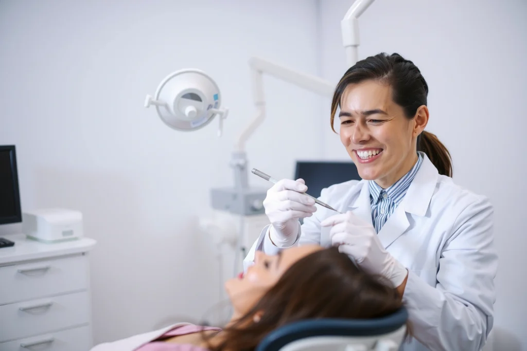 A calm dental clinic interior with a dentist in a white coat gently examining a patient's teeth using a mirror and probe, soft natural lighting, modern equipment in the background, a reassuring smile on the dentist's face, no text or symbols visible
