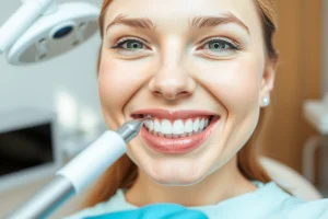 A smiling person with natural-looking dental implants, showing a healthy, restored smile in a bright, modern dental clinic setting, soft natural lighting, focus on teeth and facial expression, realistic skin texture, no visible dental tools or equipment in foreground