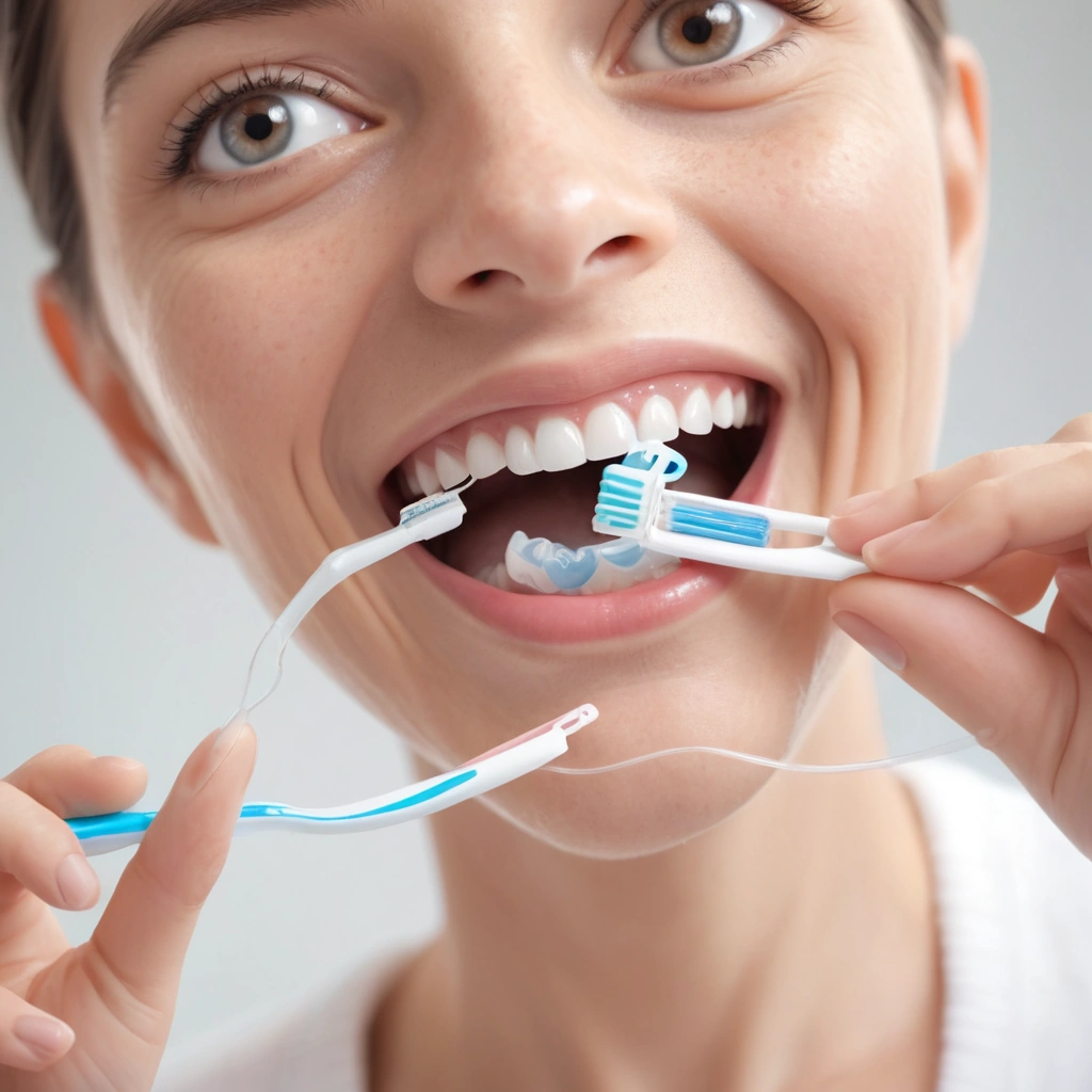 A close-up illustration of a person gently showing a person's hands using a soft-bristled toothbrush and floss threader to clean a dental bridge, with a calm expression, soft lighting, and a neutral bathroom background, emphasizing gentle oral care without discomfort
