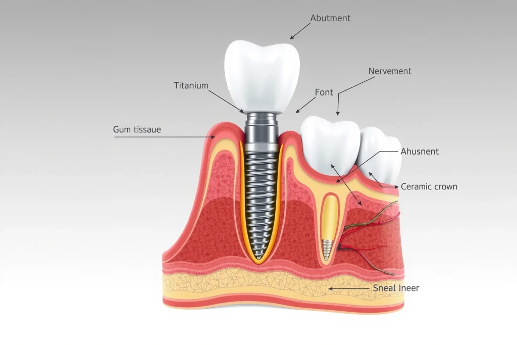 A detailed medical illustration showing the dental implant procedure: a cross-sectional view of a human jawbone with a titanium implant screw integrated into the bone, an abutment attached on top, and a ceramic crown visible above the gum line. Surrounding the implant are labeled anatomical structures: gum tissue, bone, nerve, and blood vessels. The background is clean and neutral, with soft lighting to emphasize clarity and educational value.