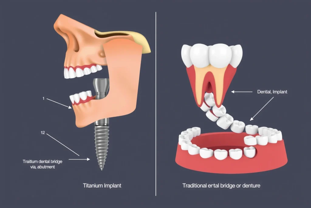 A split-screen illustration comparing dental implantation and dental prosthetics: on the left, a detailed cross-section of a jawbone with a titanium dental implant surgically placed into the bone, showing osseointegration and a crown attached via an abutment; on the right, a traditional dental bridge or denture resting on adjacent natural teeth or gums, highlighting the difference in support structure. Include subtle anatomical labels in a clean, medical illustration style — no text, numbers, or