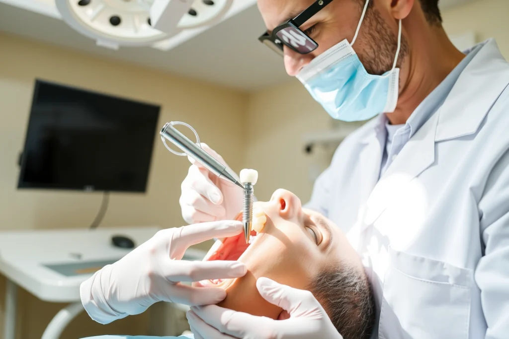 A modern dental implant procedure being performed in a clean, well-lit clinic: a dentist in a white coat carefully placing a titanium implant into a patient's jawbone, with a close-up view of the implant integrating with bone tissue, soft natural lighting, medical precision, and a calm, professional atmosphere