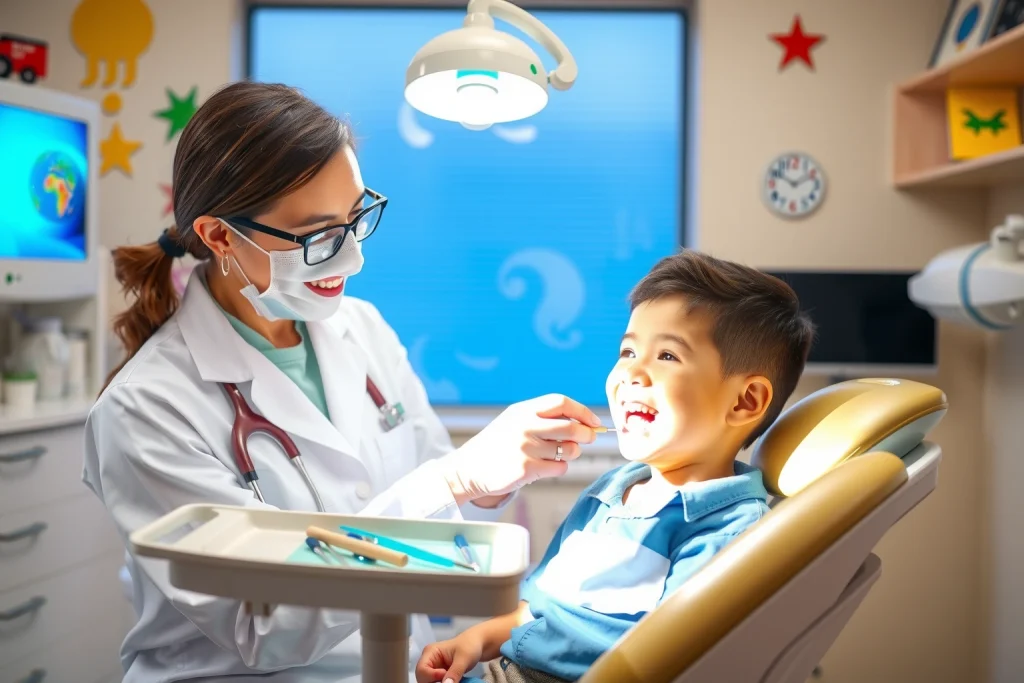 A friendly pediatric dentist examining a child's teeth in a bright, modern dental clinic, with colorful decorations, dental tools on a tray, and a smiling child sitting in the dental chair, warm lighting, detailed and realistic depiction suitable for an educational article on pediatric cavity treatment