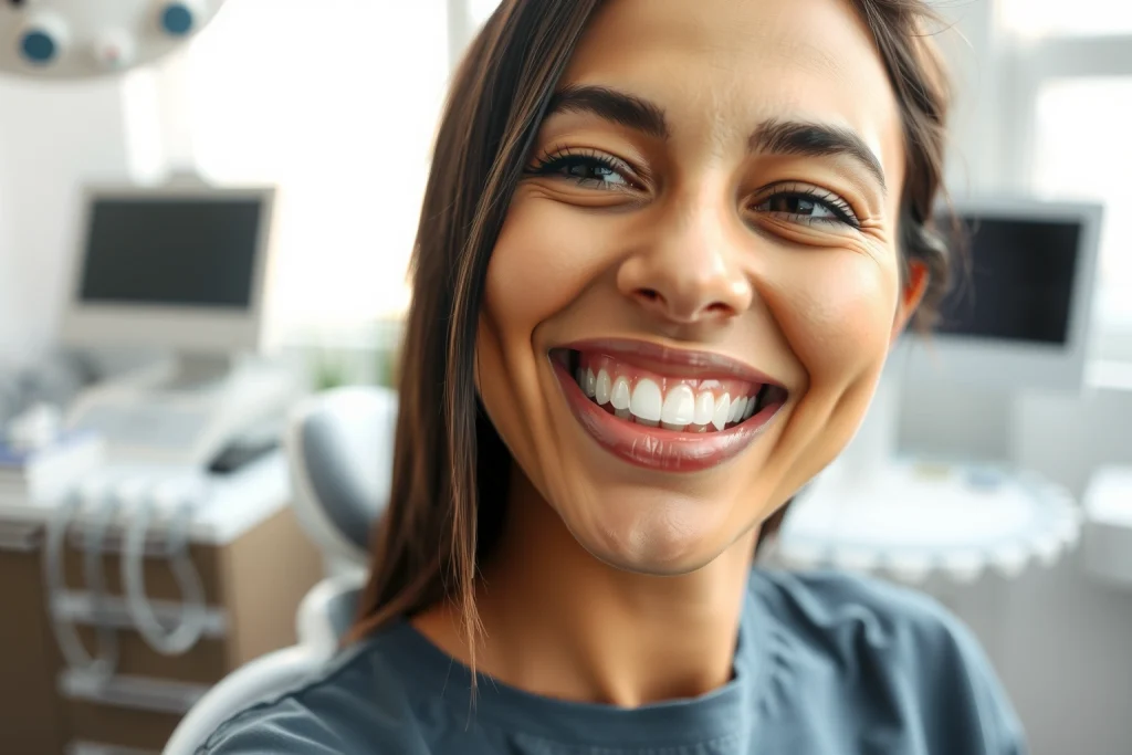 A confident person smiling naturally with healthy, evenly aligned dental implants visible in a bright, well-lit dental clinic setting, showing realistic gum texture and seamless integration of implants with natural teeth, soft daylight from a window, modern dental equipment subtly in the background, focus on the smile and oral aesthetics