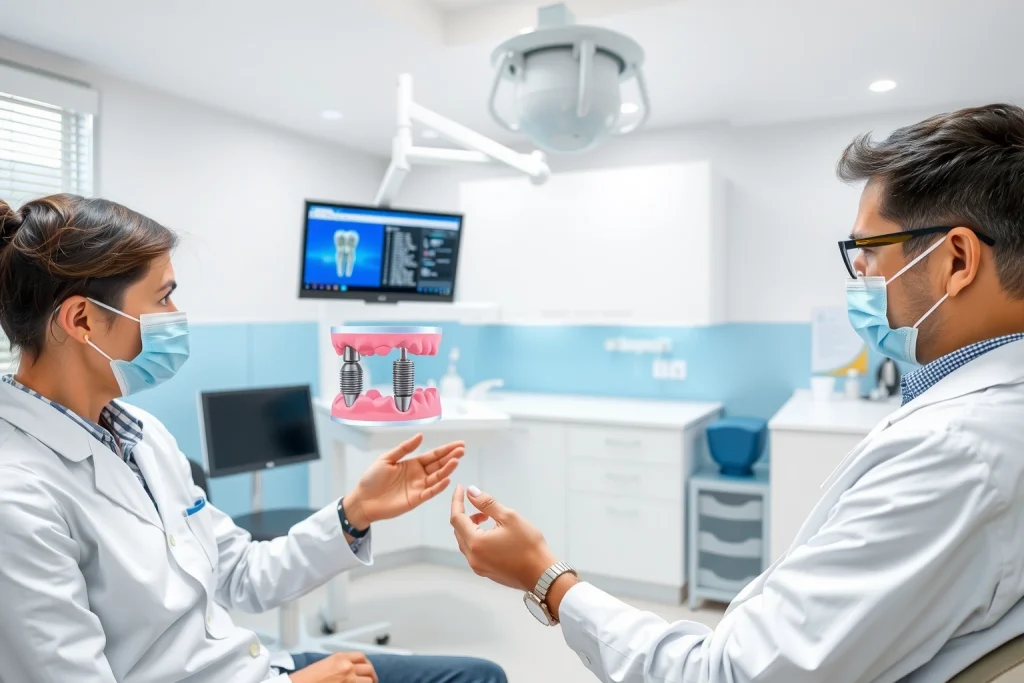 A modern dental clinic interior with a dentist explaining dental implant options to a patient, showing a 3D model of a jaw with implants, clean white and blue color scheme, professional lighting, medical accuracy, no text or labels visible