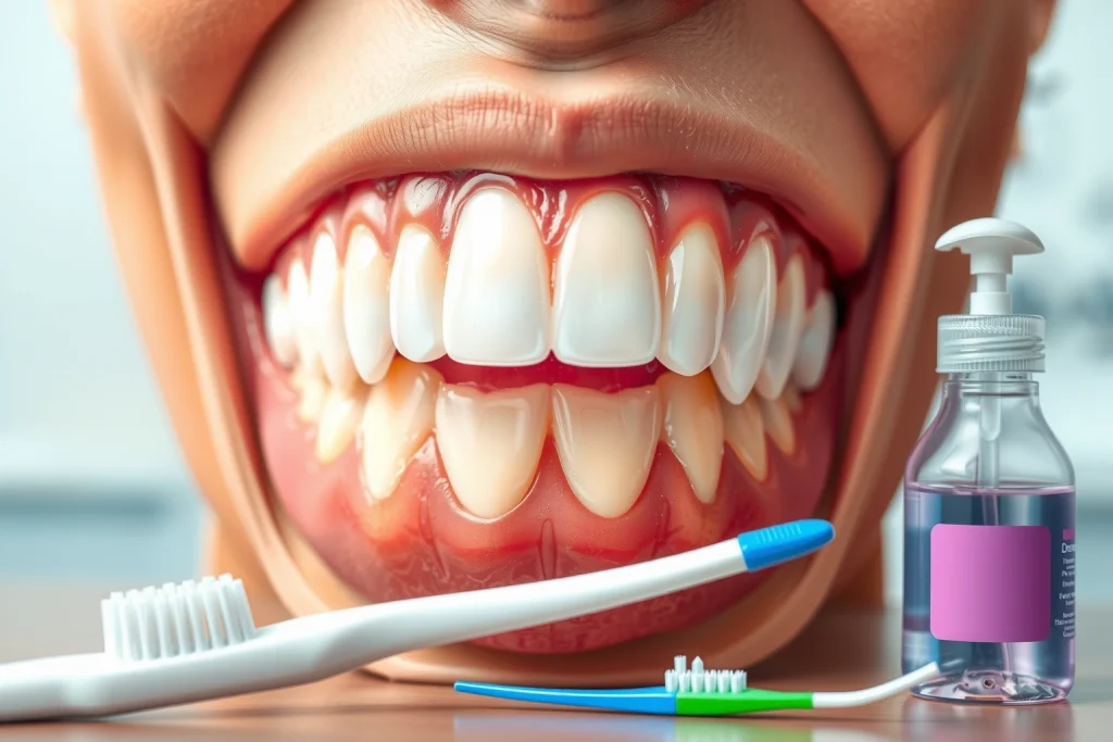 A close-up illustration of healthy human teeth with visible roots, showing proper dental care tools like a toothbrush, floss, and mouthwash nearby, with soft lighting and a clean, educational background suggesting oral hygiene prevention