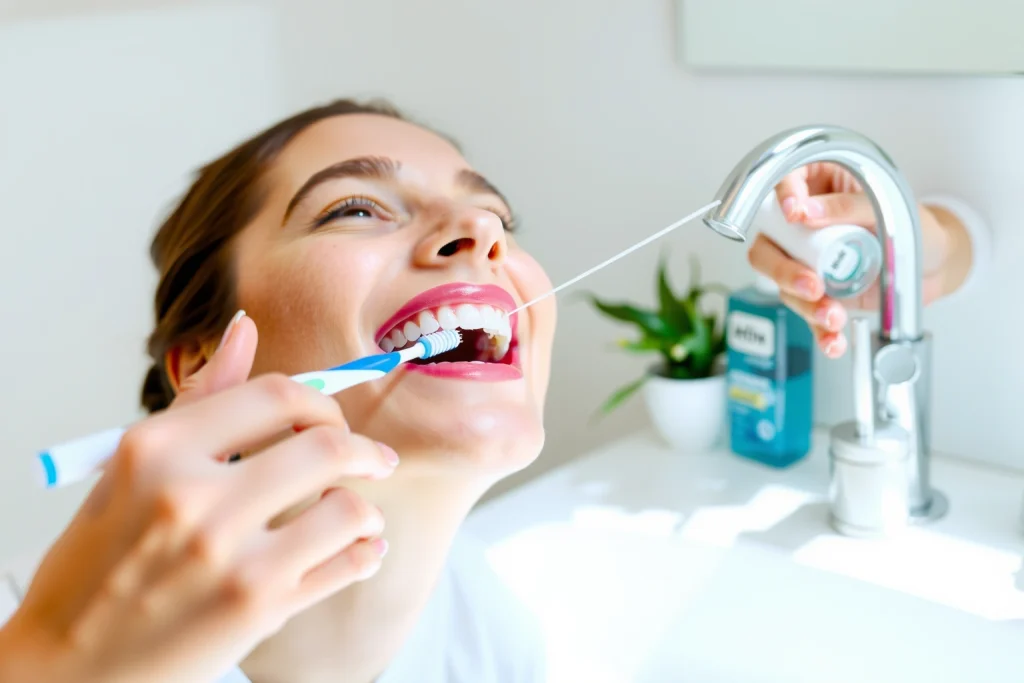 A clean, modern dental hygiene scene showing a person brushing teeth with a soft toothbrush, using dental floss, and rinsing with mouthwash at a bathroom sink; bright natural lighting, neutral colors, focus on oral care tools and healthy gums, no text or symbols visible