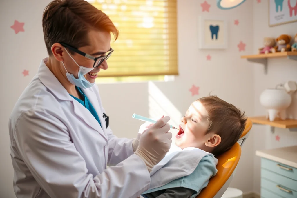 A gentle pediatric dentist in a bright, child-friendly dental clinic treating a young child's cavity with a soft smile, using a small dental tool and a numbing gel applicator, the child sitting calmly in a colorful dental chair with stuffed animals on a nearby shelf, warm sunlight through a window, pastel-colored walls with cartoon tooth characters, no visible pain or fear, focus on comfort and care