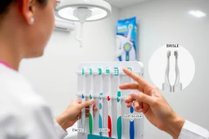 A clean, well-lit dental clinic setting showing a person selecting a toothbrush from a display rack, with close-up views of different toothbrush types (manual, electric, soft-bristle, medium-bristle) arranged neatly, and a dentist or dental professional pointing to key features like bristle texture and handle design, all in a clear, informative style