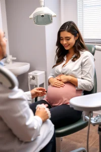 A calm, professional medical setting showing a pregnant woman sitting in a dentist's chair while a female dentist explains safe dental care methods, with a focus on reassurance and safety; soft lighting, clean clinic environment, visible dental tools, and a supportive atmosphere