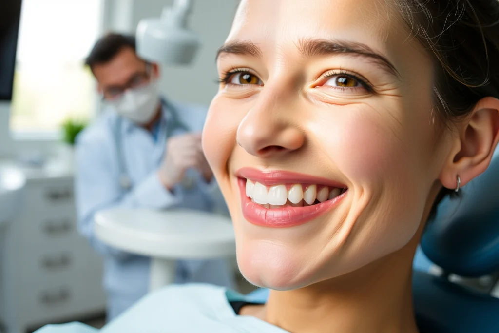 A confident adult patient smiling naturally smiling in a modern dental clinic, showing healthy, well-aligned teeth with subtle dental implants visible only upon close inspection, soft natural lighting, clean white and blue clinical environment, dentist in background gently adjusting equipment, warm and reassuring atmosphere, no visible pain or anxiety, focus on trust and restoration of smile